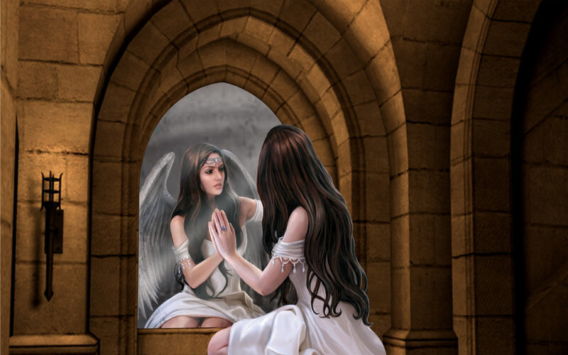Woman with Angel Wings — White, Dramatic, Digital Art, Castle