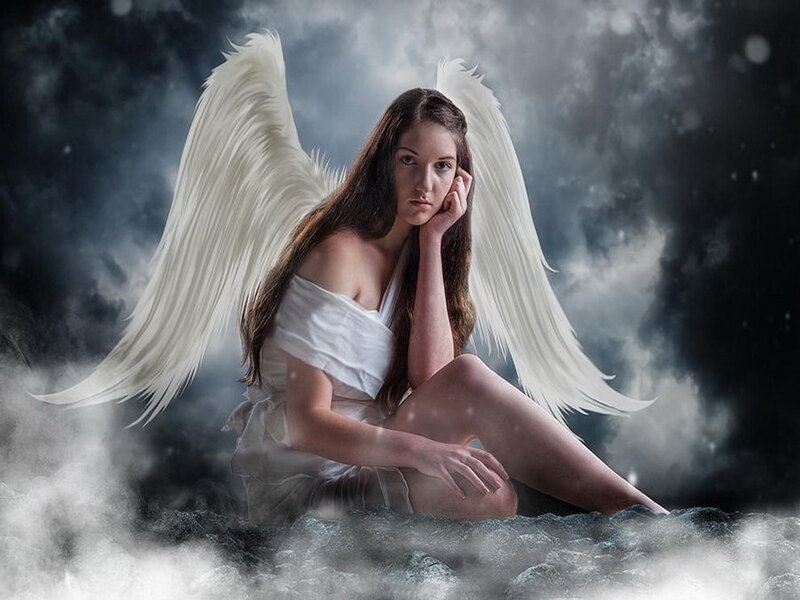 Woman with Angel Wings — White, Dramatic, Digital Art, Clouds
