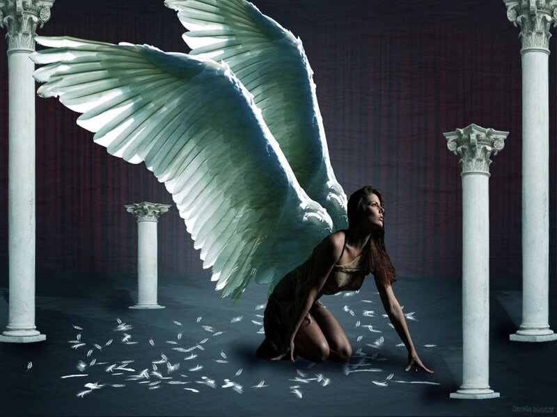 Woman with Angel Wings — White, Dramatic, Digital Art, Columns