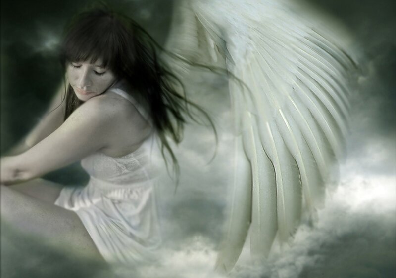 Woman with Angel Wings — White, Dramatic, Digital Art, Dress, Clouds