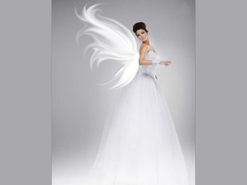 Woman with Angel Wings — White, Dramatic, Digital Art, Dress