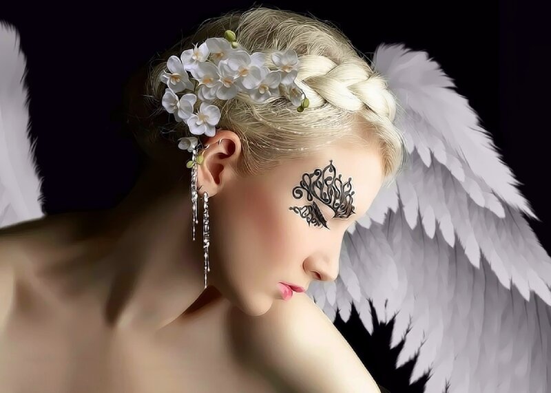 Woman with Angel Wings — White, Dramatic, Digital Art, Flowers, Tattoo