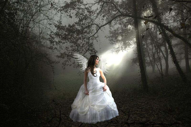 Woman with Angel Wings — White, Dramatic, Digital Art, Forest