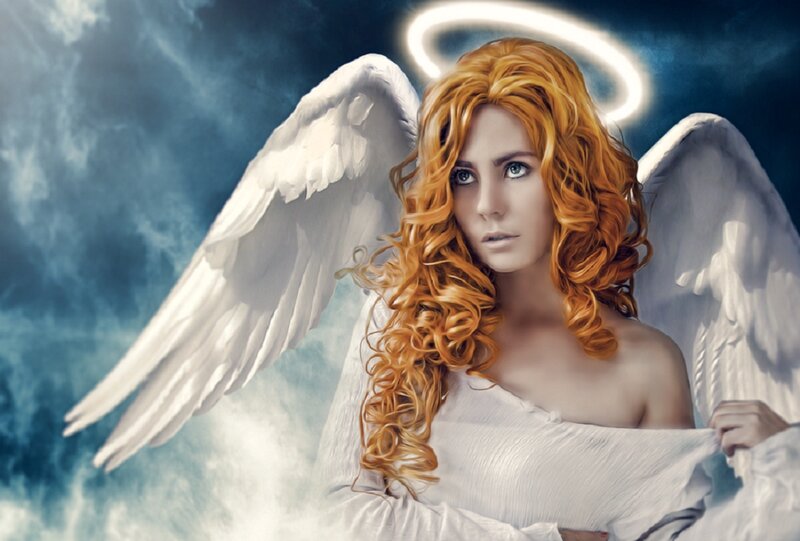 Woman with Angel Wings — White, Dramatic, Digital Art, Halo