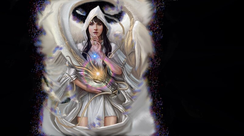 Woman with Angel Wings — White, Dramatic, Digital Art, Magic