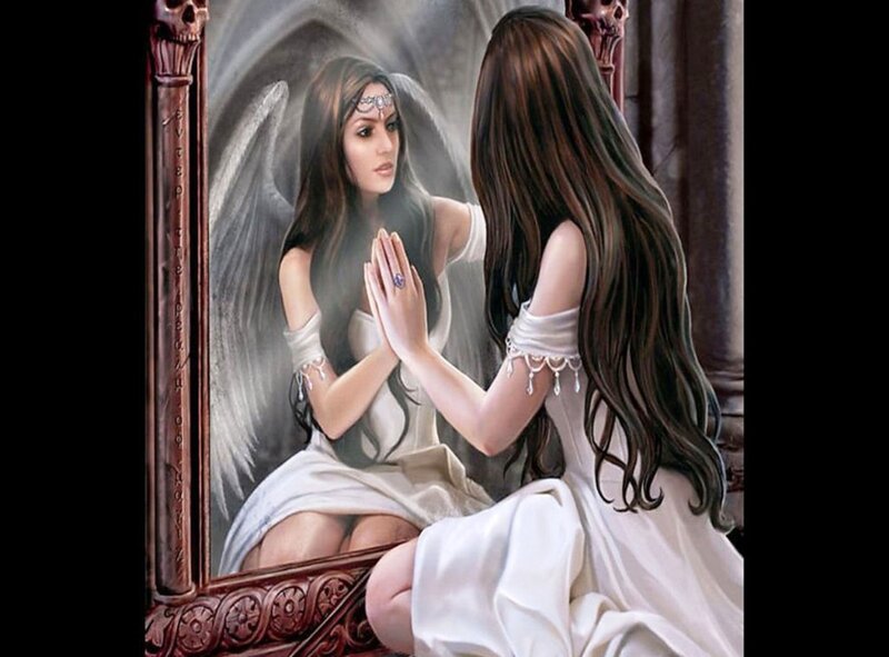 Woman with Angel Wings — White, Dramatic, Digital Art, Mirror