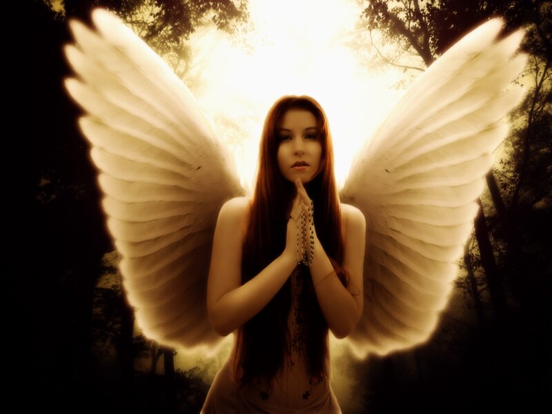 Woman with Angel Wings — White, Dramatic, Digital Art, Praying Hands