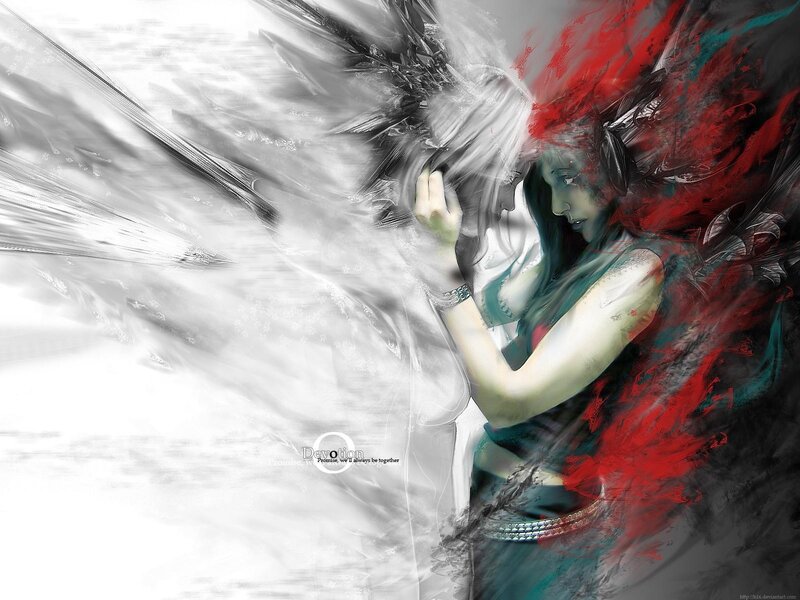 Woman with Angel Wings — White, Dramatic, Digital Art, Red Paint