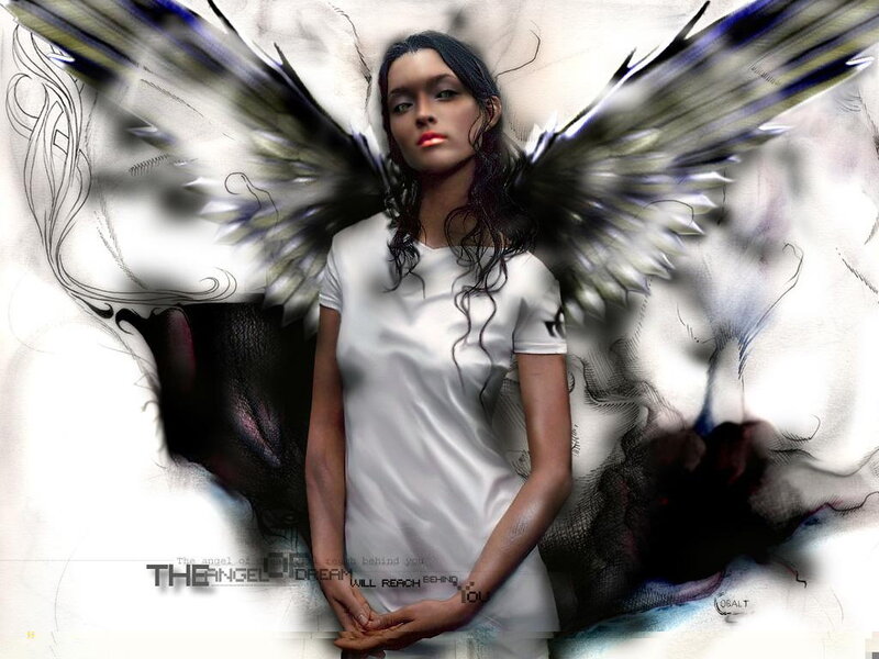 Woman with Angel Wings — White, Dramatic, Digital Art, T-shirt