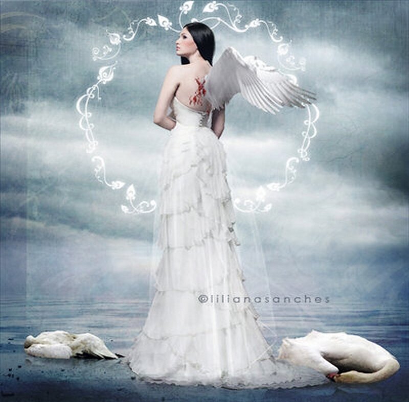 Woman with Angel Wings — White, Dramatic, Digital Art