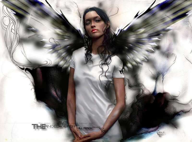 Woman with Angel Wings — White, Dramatic, Digital Art, White Shirt