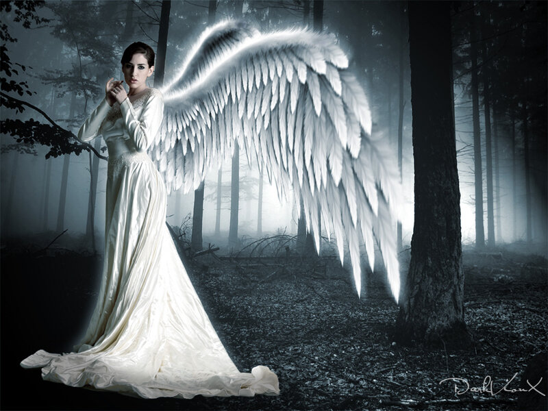 Woman with Angel Wings — White, Dramatic, Night, Digital Art, Forest