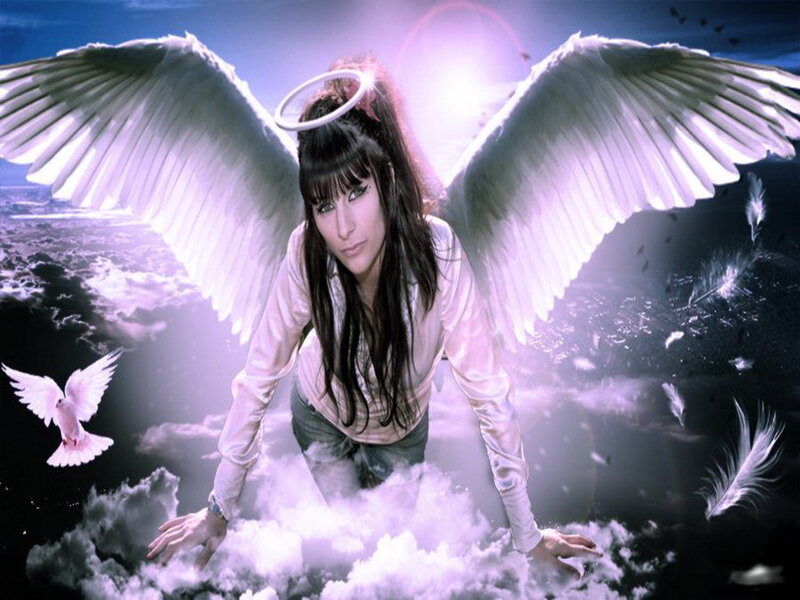Woman with Angel Wings — White, Dramatic, Night, Digital Art, Halo