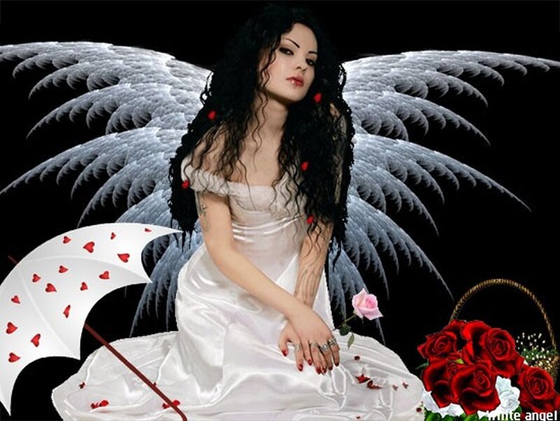 Woman with Angel Wings — White, Dramatic, Night, Digital Art, Roses