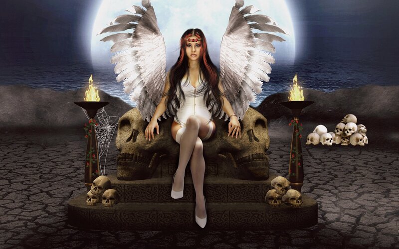 Woman with Angel Wings — White, Dramatic, Night, Digital Art, Skulls, Moon