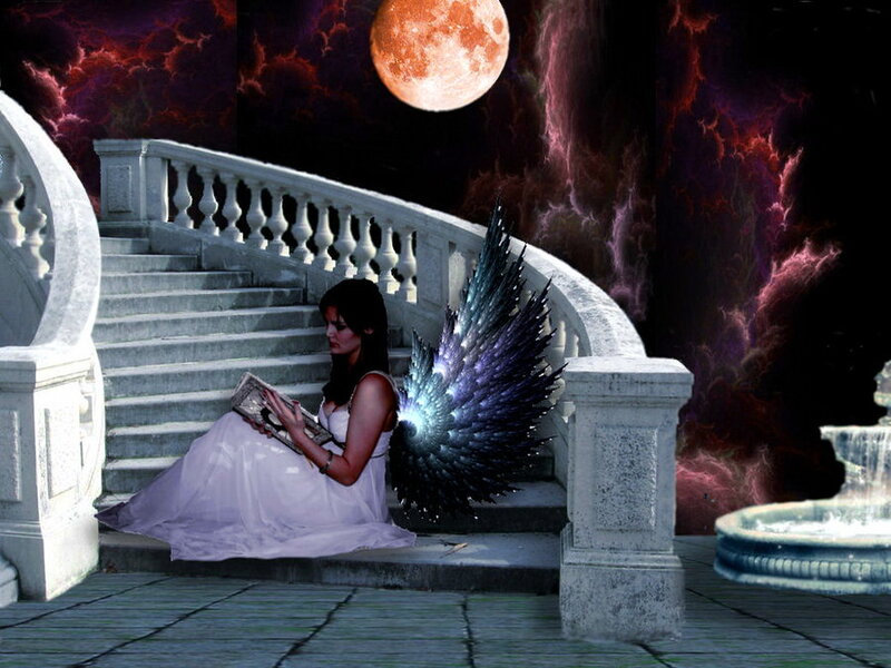 Woman with Angel Wings — White, Dramatic, Night, Digital Art