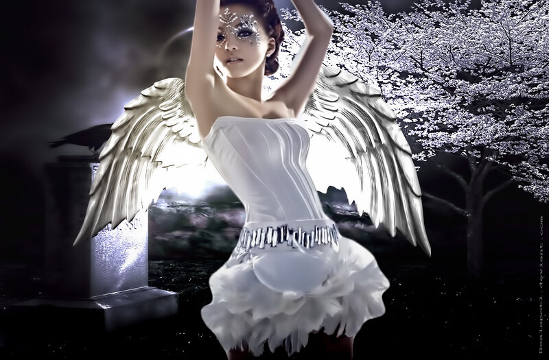 Woman with Angel Wings — White, Dramatic, Night, Digital Art, Tree