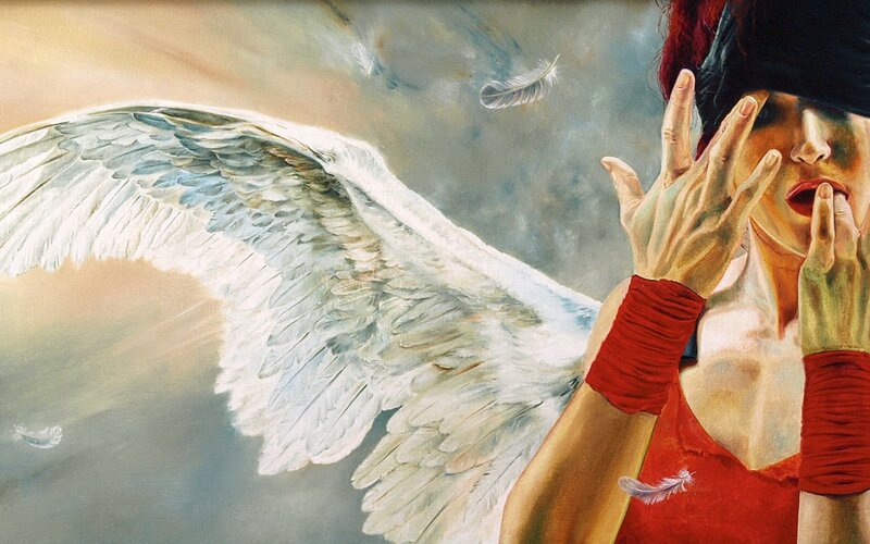 Woman with Angel Wings — White, Dramatic, Painting