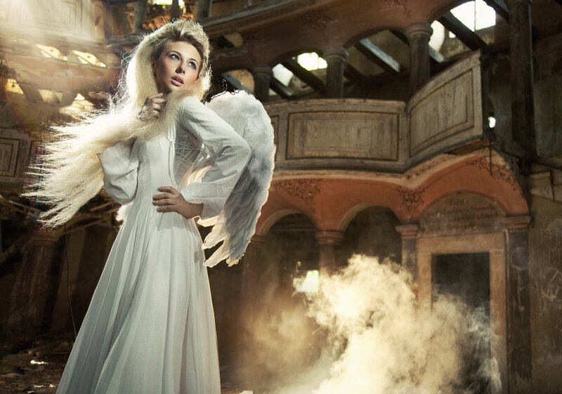 Woman with Angel Wings — White, Dramatic, Photograph, Dress, Smoke