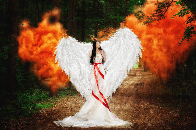 Woman with Angel Wings — White, Dramatic, Photograph, Forest Path