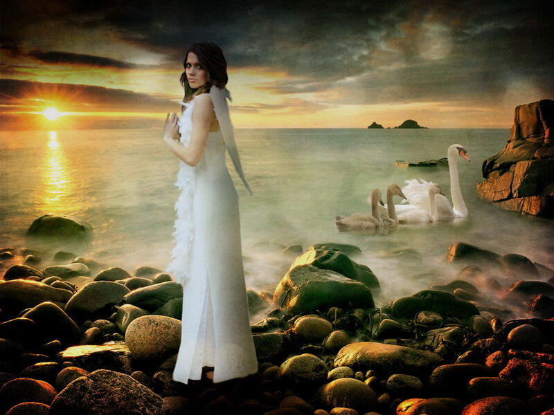 Woman with Angel Wings — White, Dramatic, Sunset, Digital Art, Swans