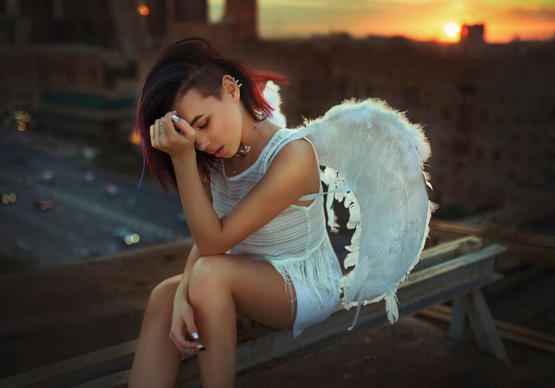 Woman with Angel Wings — White, Dramatic, Sunset, Photograph, Cityscape