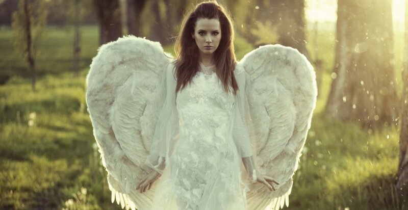 Woman with Angel Wings — White, Dramatic, Sunset, Photograph