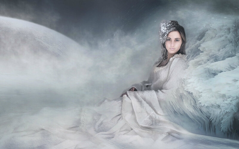 Woman with Angel Wings — White, Dramatic, Winter, Digital Art