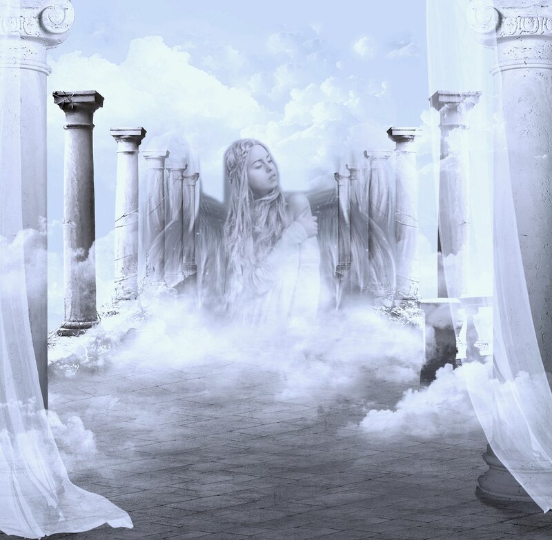 Woman with Angel Wings — White, Ethereal, Digital Art, Columns