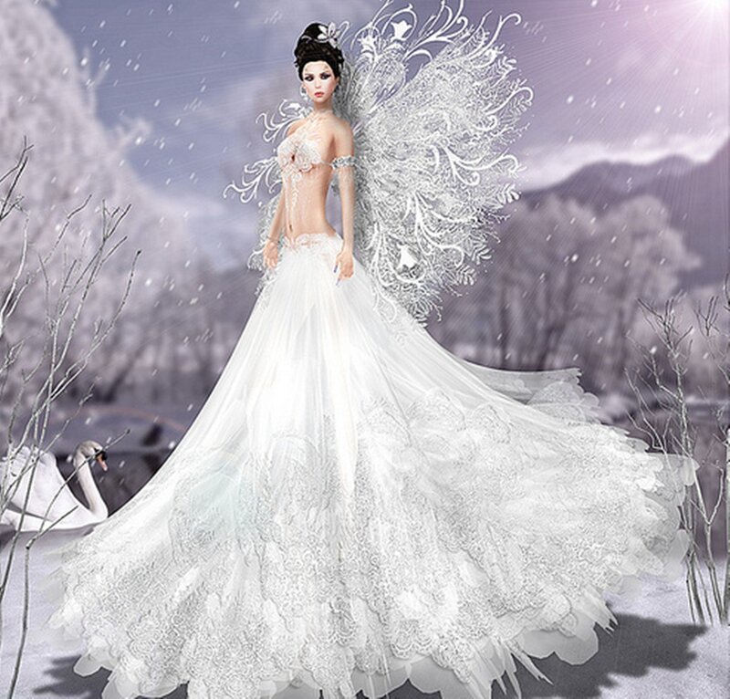 Woman with Angel Wings — White, Ethereal, Winter, Digital Art