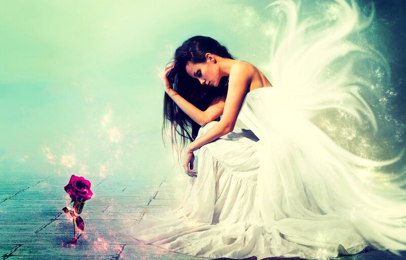 Woman with Angel Wings — White, Melancholic, Digital Art