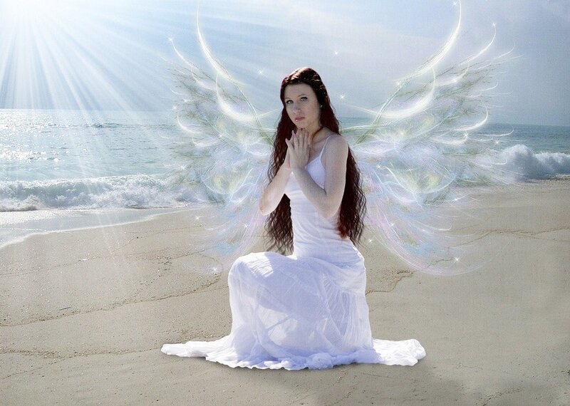 Woman with Angel Wings — White, Serene, Afternoon, Digital Art