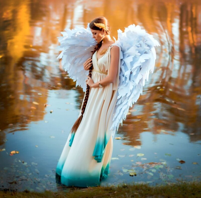 Woman with Angel Wings — White, Serene, Autumn, Digital Art