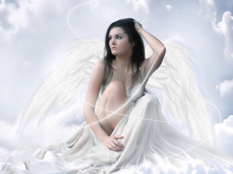 Woman with Angel Wings — White, Serene, Digital Art, Clouds, Dress
