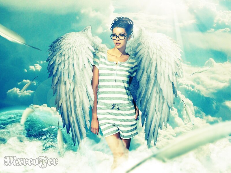 Woman with Angel Wings — White, Serene, Digital Art, Clouds, Glasses