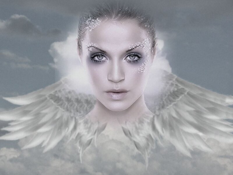 Woman with Angel Wings — White, Serene, Digital Art, Clouds, Makeup