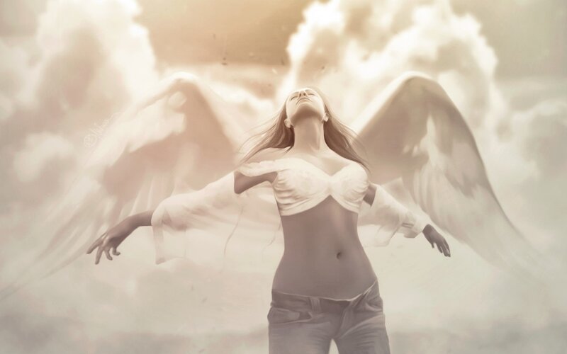 Woman with Angel Wings — White, Serene, Digital Art, Clouds, Sky