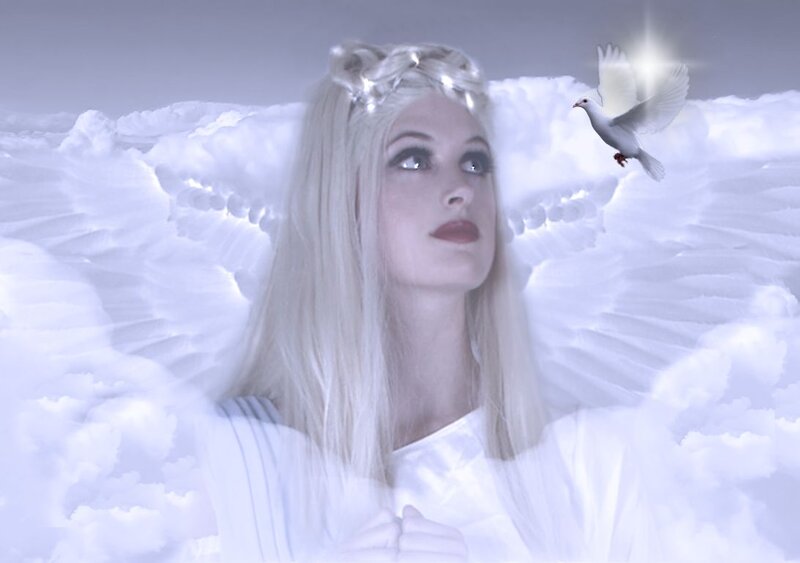 Woman with Angel Wings — White, Serene, Digital Art, Dove