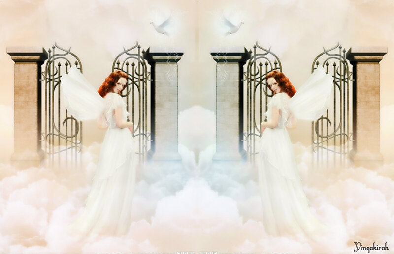 Woman with Angel Wings — White, Serene, Digital Art, Doves