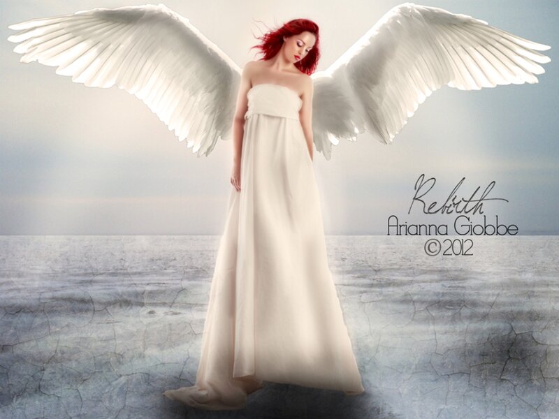 Woman with Angel Wings — White, Serene, Digital Art, Dress, Red Hair