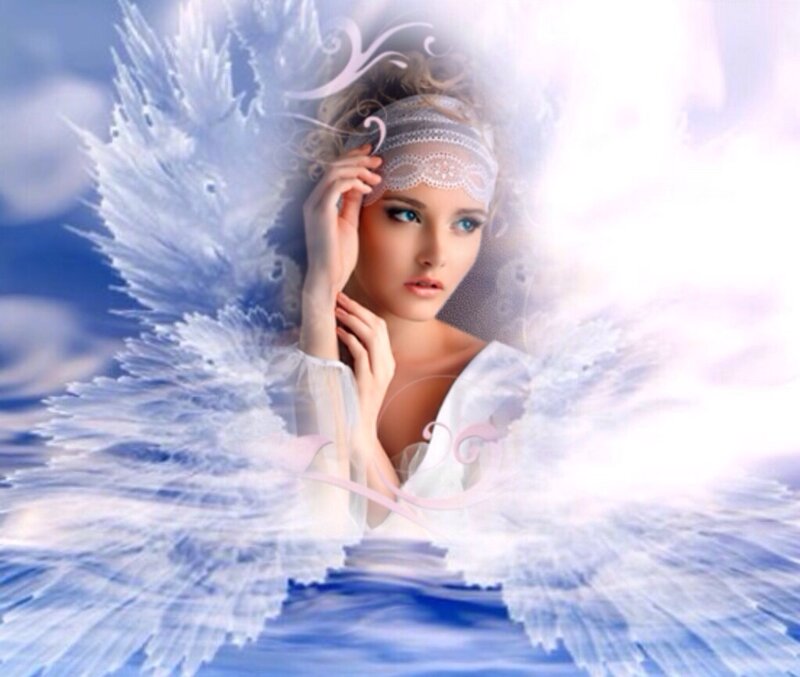 Woman with Angel Wings — White, Serene, Digital Art, Headband