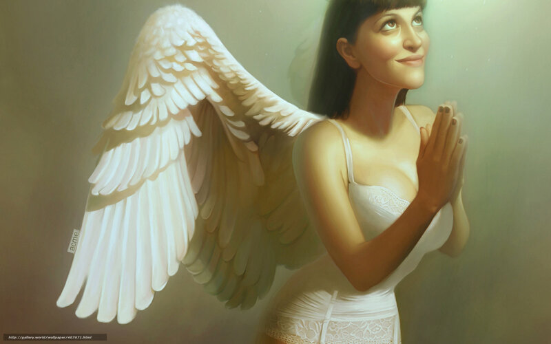 Woman with Angel Wings — White, Serene, Digital Art, Praying Hands