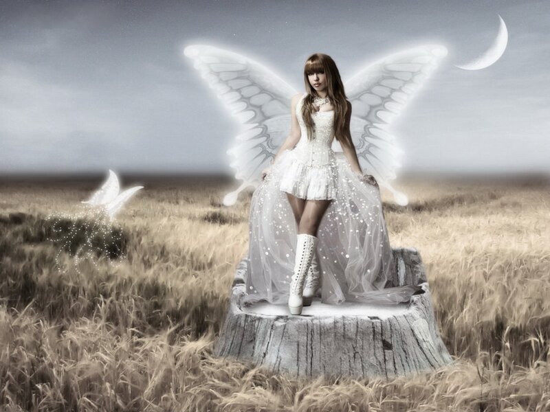 Woman with Angel Wings — White, Serene, Night, Digital Art, Moon