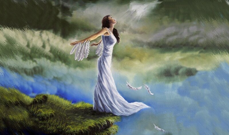 Woman with Angel Wings — White, Serene, Painting