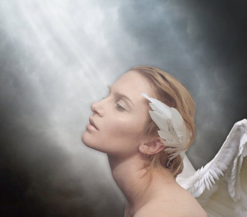 Woman with Angel Wings — White, Serene, Photograph, Feathers