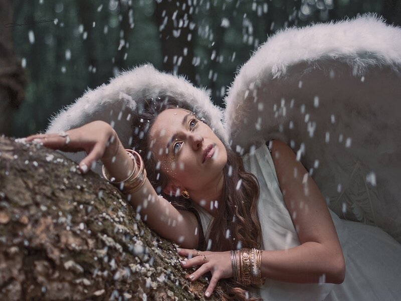 Woman with Angel Wings — White, Serene, Photograph, Tree