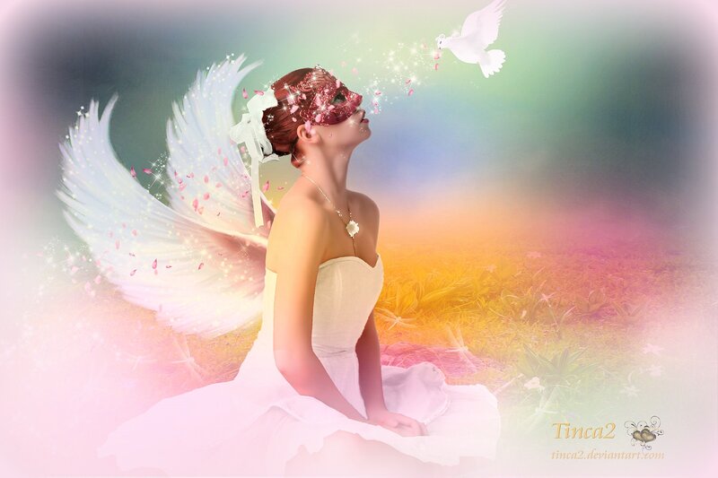 Woman with Angel Wings — White, Serene, Sunset, Digital Art