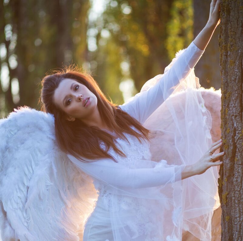 Woman with Angel Wings — White, Serene, Sunset, Photograph, Tree