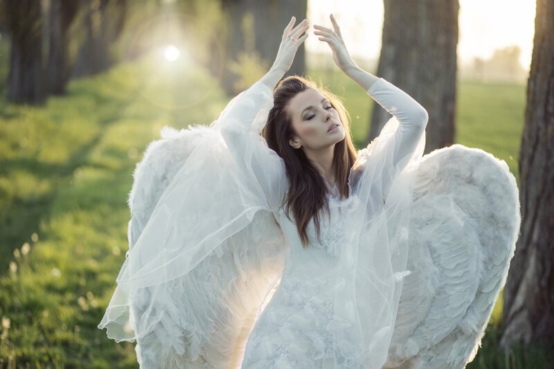 Woman with Angel Wings — White, Serene, Sunset, Photograph, Trees