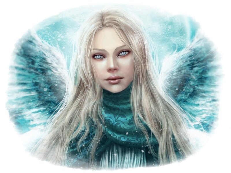 Woman with Angel Wings — White, Serene, Winter, Digital Art